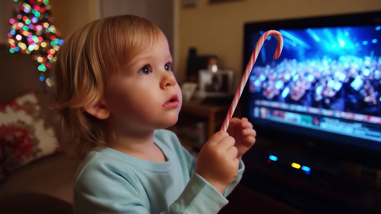 Un bambino guarda lo schermo con meraviglia, mentre tiene in mano una caramella a forma di bastoncino, circondato da allegria natalizia e luci di Natale sullo sfondo