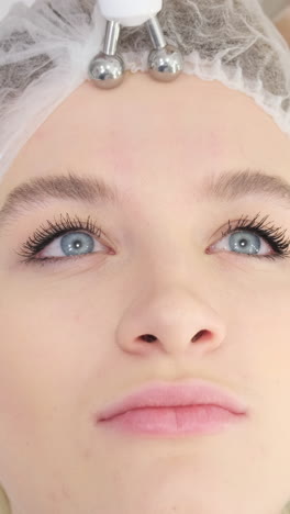 woman receiving antiageing facial massage in spa salon relax wellness body skin care face beauty. young hypnotic face woman receiving anti-ageing facial massage in spa salon relax. wellness body skin care face beauty treatment, rejuvenation procedure getting head face massage. black