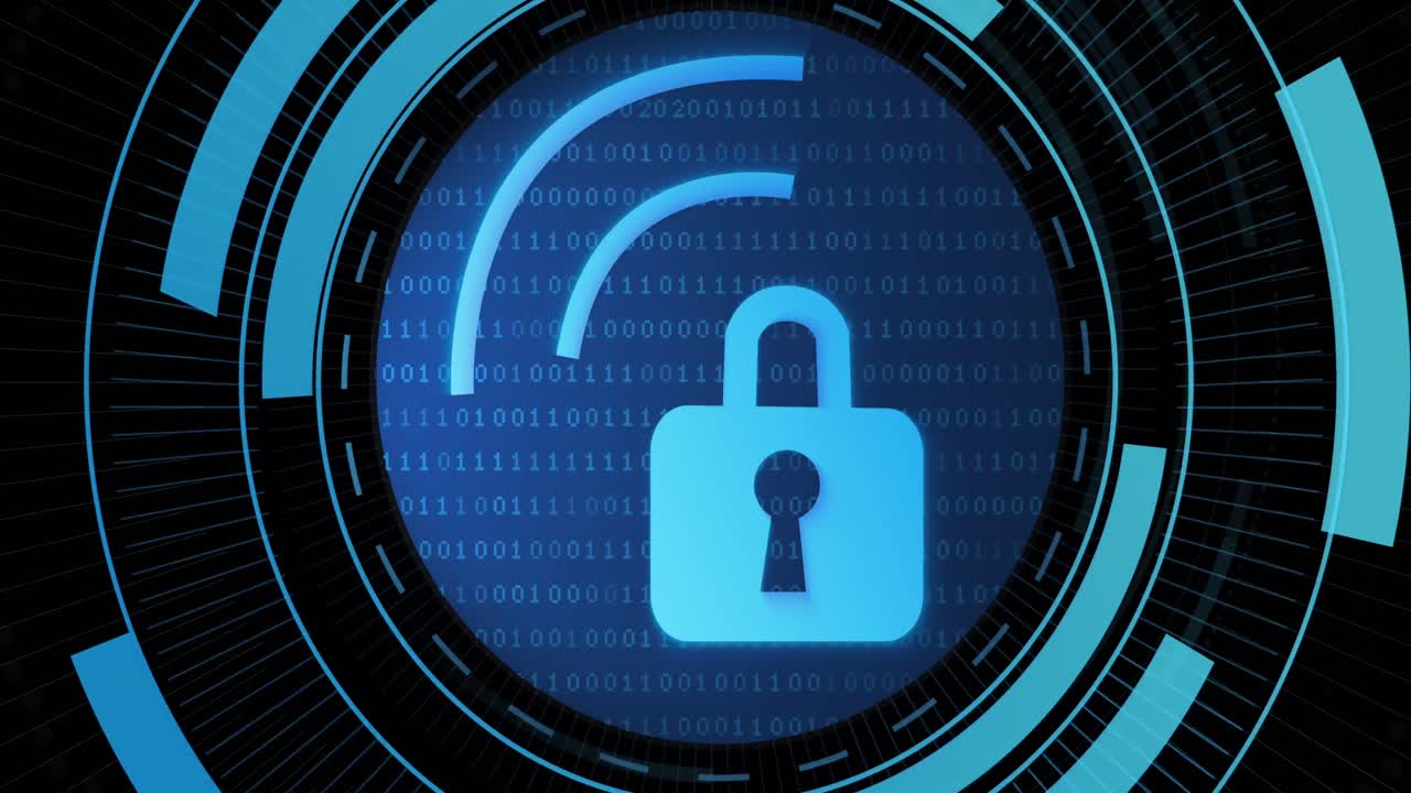Animation of digital padlock and wi fi in processing circle on black background