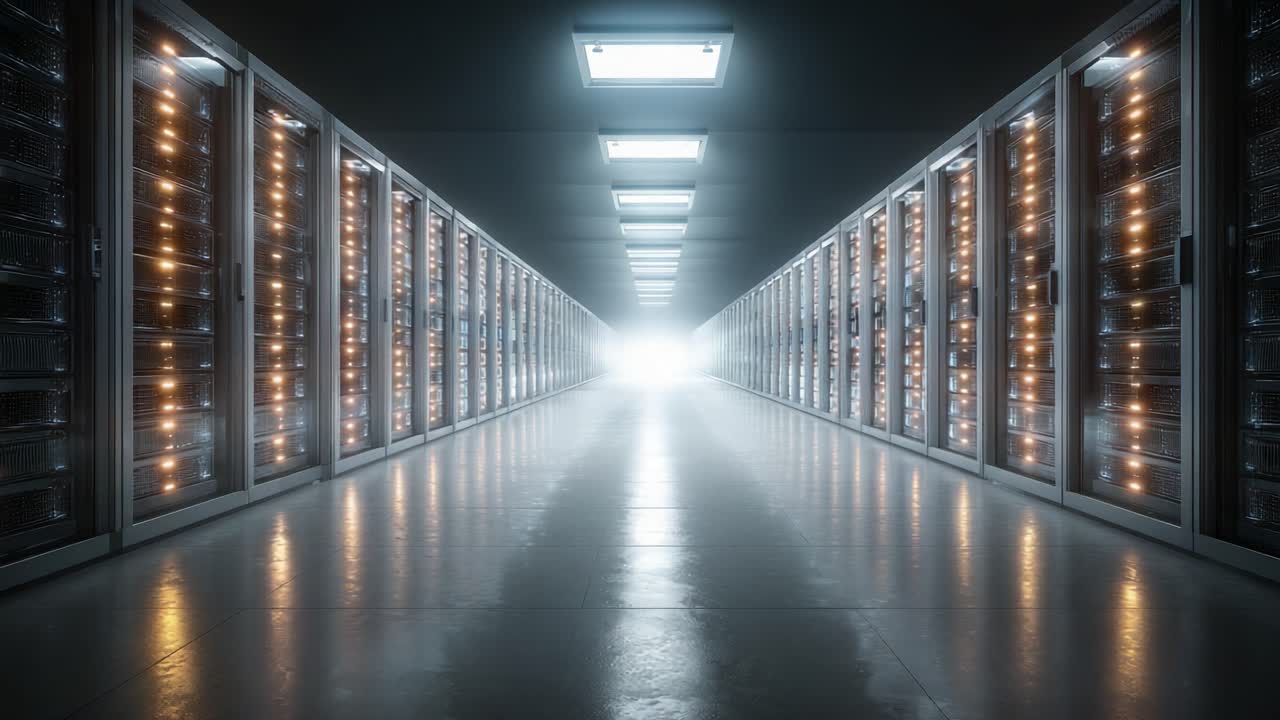 En futuristisk datacentralkorridor oplyst af skarpt lys, med rækker af højteknologiske servere i et elegant og moderne miljø.