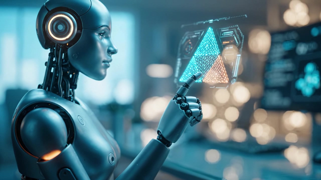 A futuristic robotic figure interacts with holographic technology, showcasing intricate digital interfaces and geometric shapes in a modern setting.