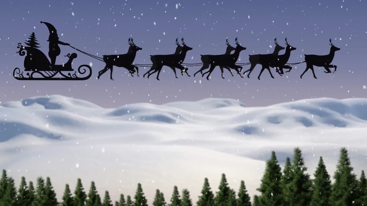 animación de santa claus en trineo con renos sobre la nieve que cae y el paisaje invernal