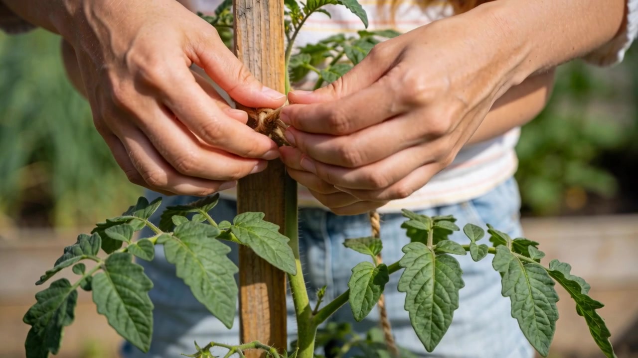 Plant leaning, adult in striped top guiding child tying twine to stake in yard, supporting tomato