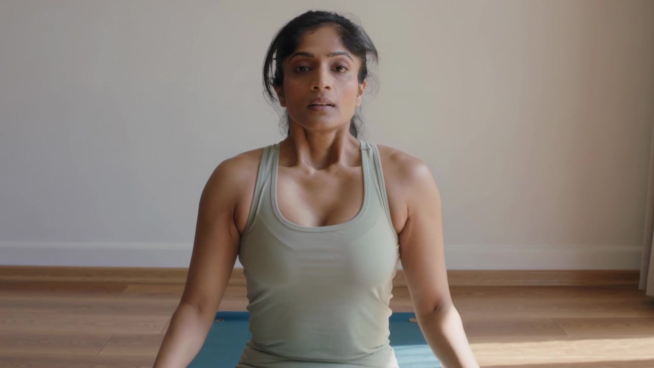 Mulher inclinada de roupa esportiva verde sentada, respirando, fechando os olhos e meditando em tapete azul em casa.