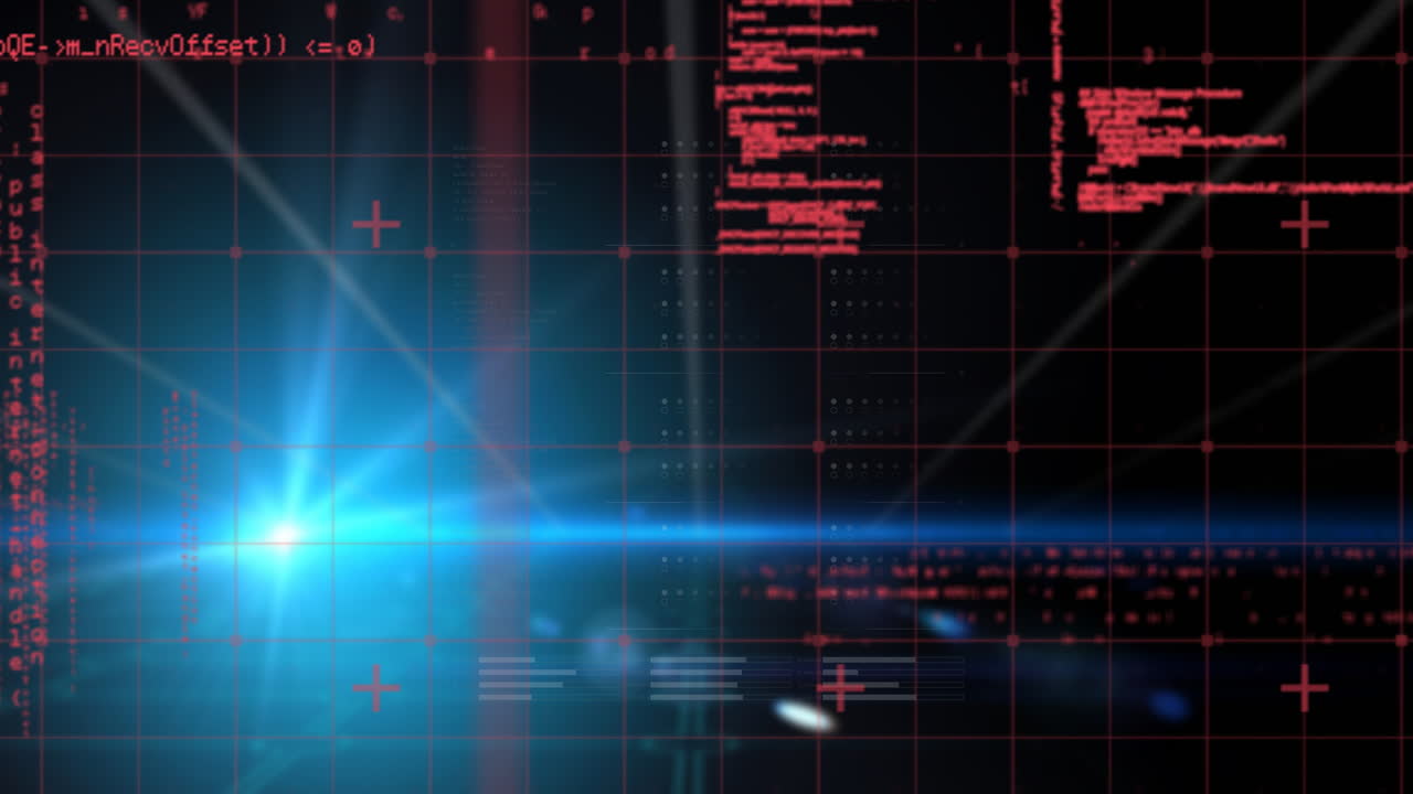 Animation of blue light flare with digital data patterns and red abstract shapes