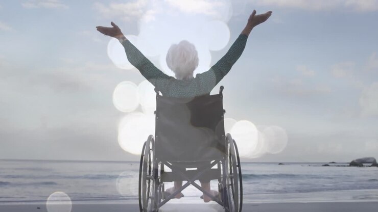 Animazione di punti luce su una donna caucasica con disabilità con le braccia distese