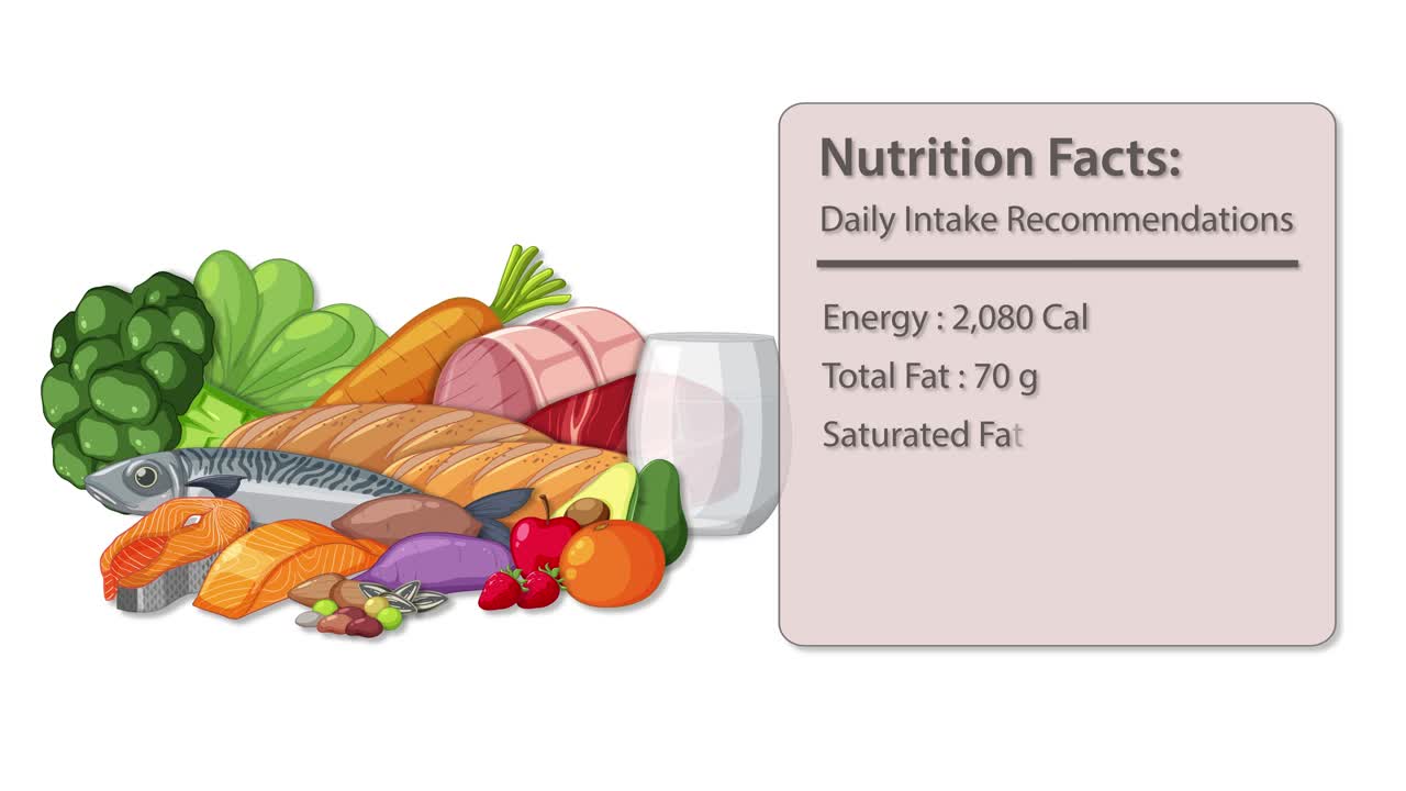 A colorful illustration of assorted healthy foods transitions smoothly as a nutrition facts label animates in, revealing daily intake recommendations in a clean, flat design