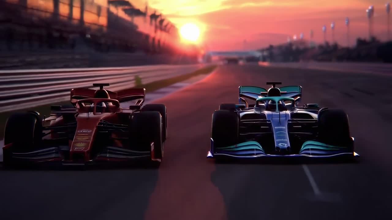 Dynamisk videobilde av to racerbiler ved solnedgang, fanget fra et lavt perspektiv.