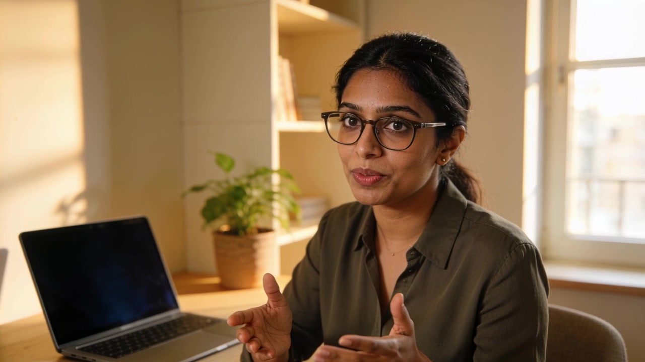 Young Woman Talking to Camera in Home Office