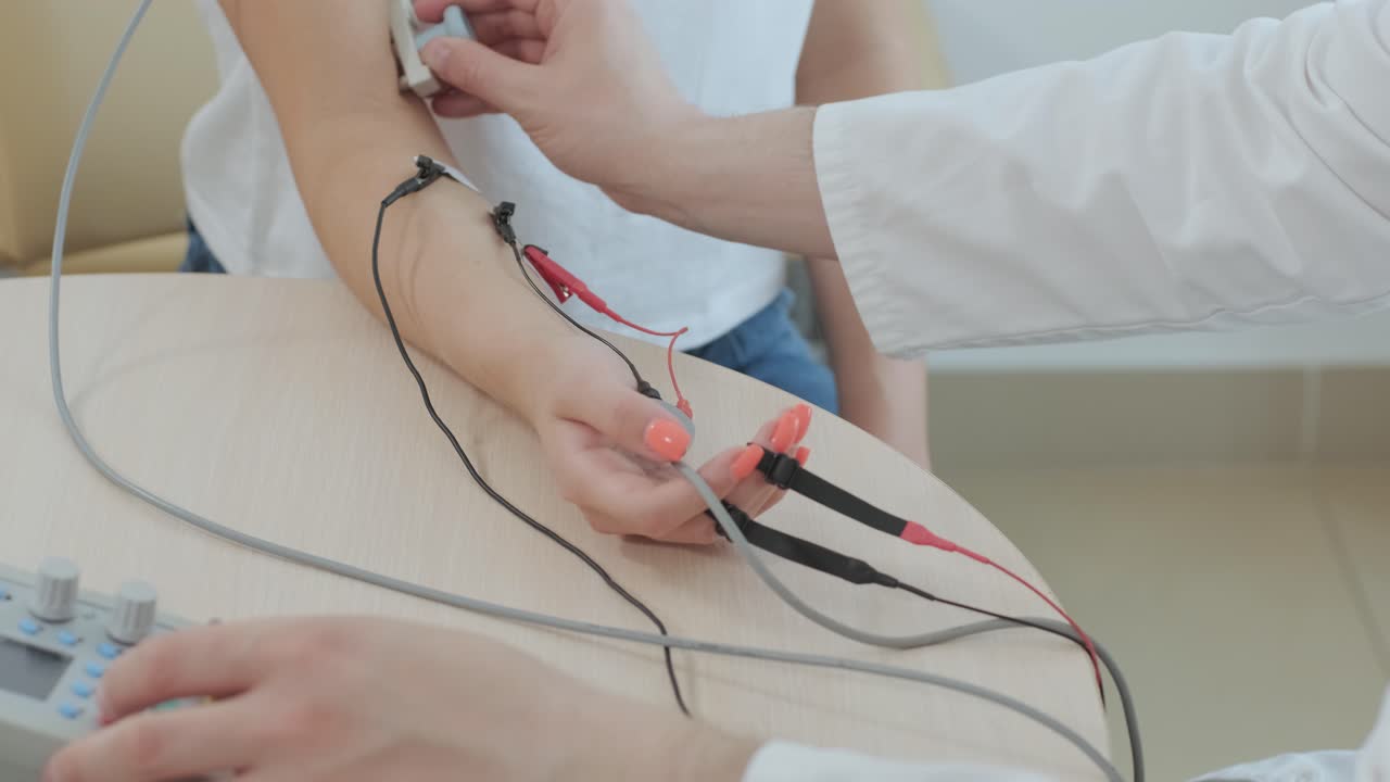 pruebas de nervios del paciente utilizando electromiografía en el centro médico