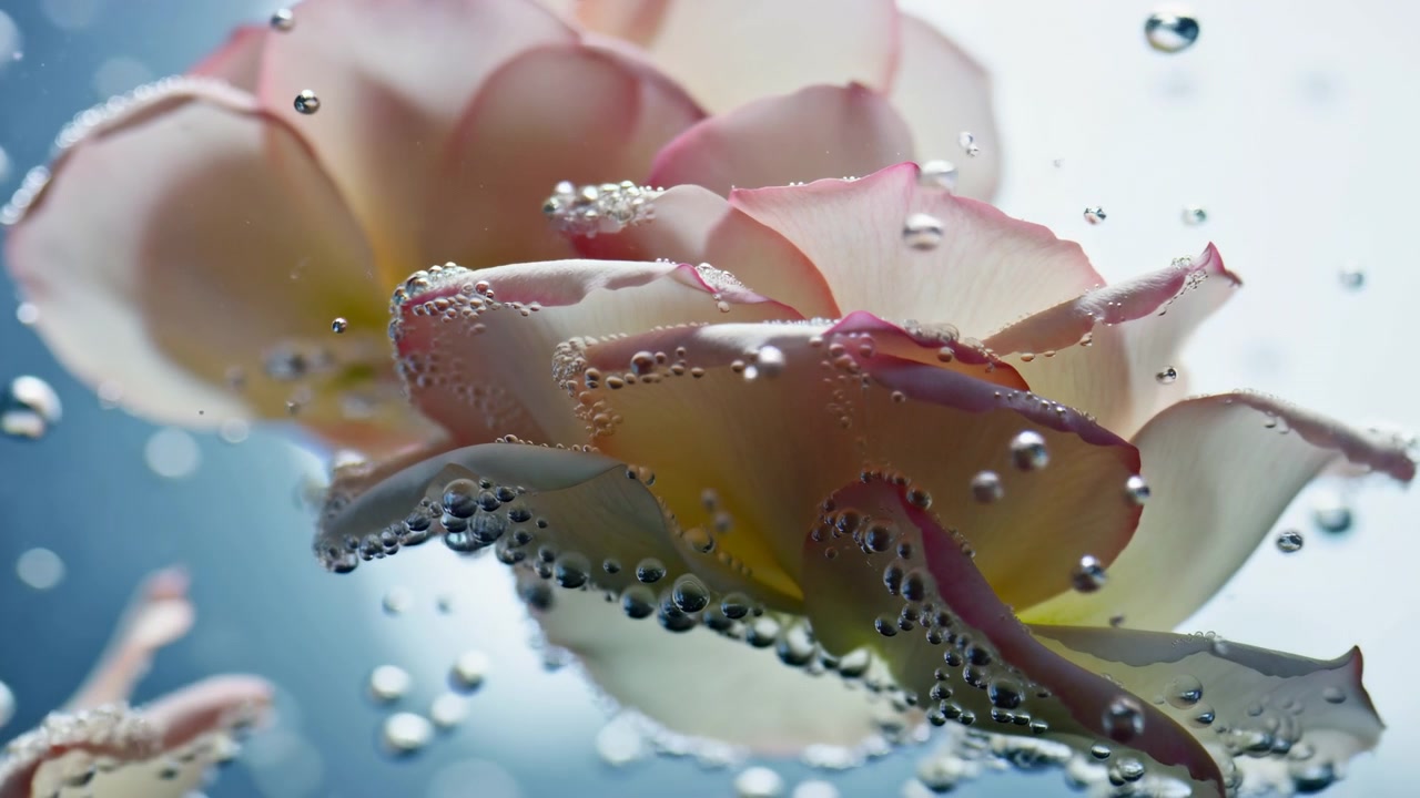 Primo piano di petali di rosa con goccioline, mentre un leggero movimento rivela texture curve, superfici traslucide e perle d'acqua fluttuanti sotto una luce soffusa con una composizione luminosa e ariosa.