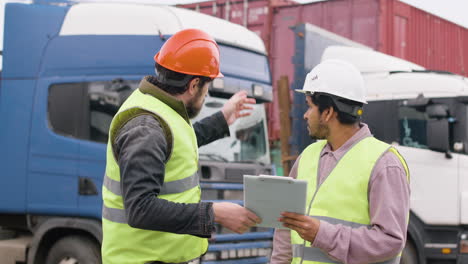 boss and worker wearing vests and safety helmets organizing a truck fleet in a logistics park while they consulting a document