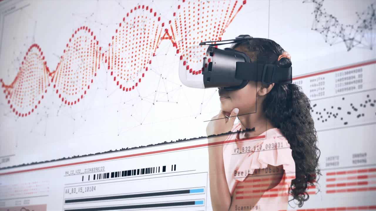 Girl using virtual reality headset and digital screen