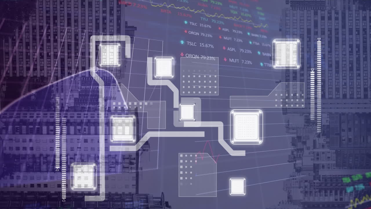 Animation of stock market data processing against view of inverted tall buildings