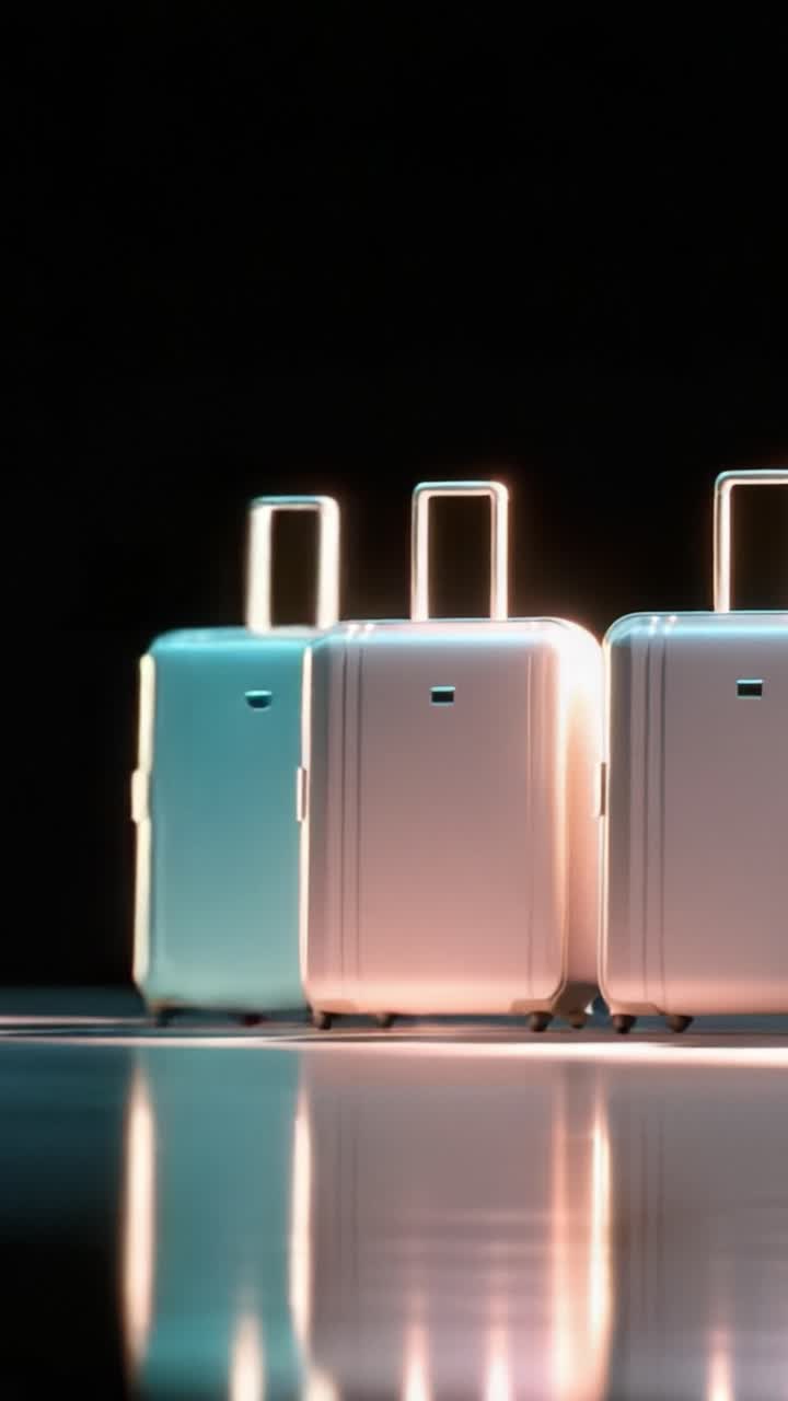 Esposizione di bagagli elegante e moderna: design raffinato di valigie da viaggio con superfici riflettenti e bordi illuminati in un ambiente minimalista.