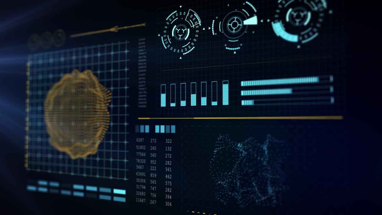 HUD technological futuristic elements. Elements of the sci-fi circle appear and disappear in the HUD pattern. Graph, Scale, Text, Rotation, Animation. Statistical data