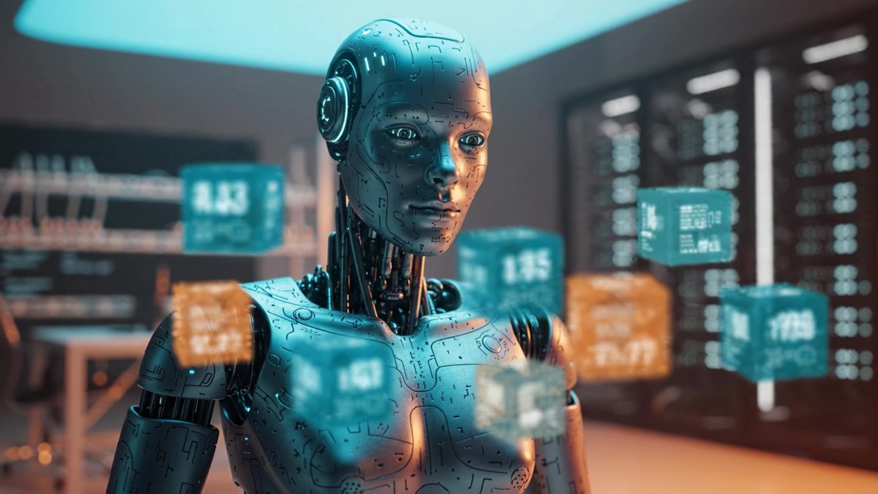 Robot futuristico che analizza dati in un ambiente ad alta tecnologia con display digitali fluttuanti, a dimostrazione di tecnologia avanzata e interazioni di intelligenza artificiale.
