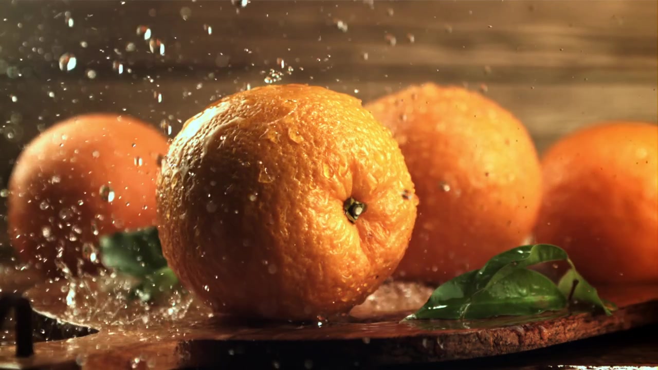 Arance fresche schizzate con acqua al rallentatore