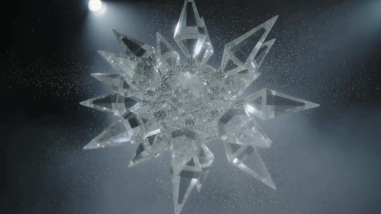 Cracking spiky crystal star releasing fragments from central core in fog studio with two spotlights