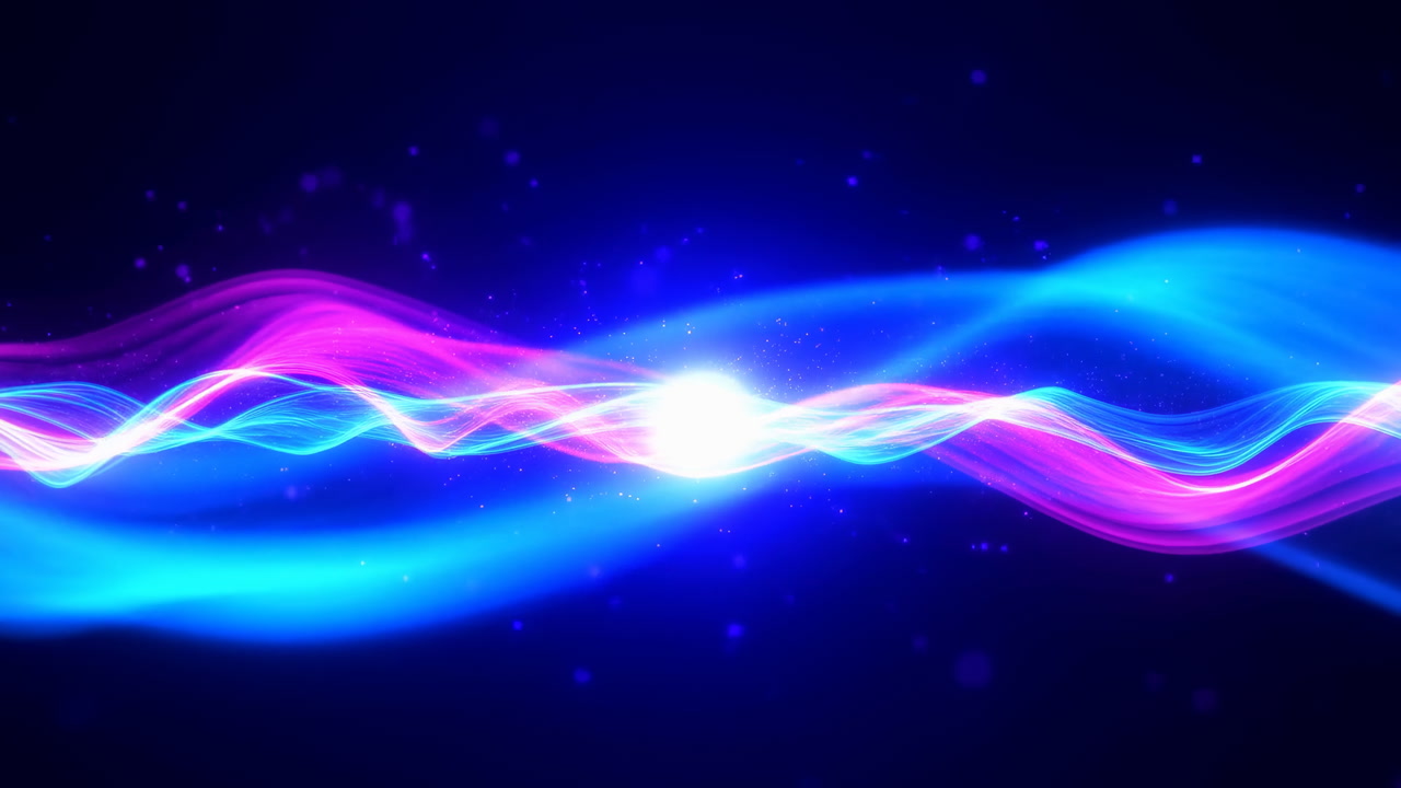 Neon Waves Pulsing Across Dark Stage, Electric Blue And Magenta Ribbons, Central Flare And Particle Sparkle,