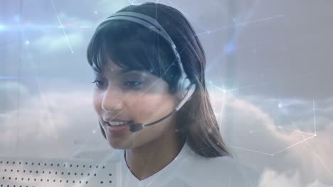 Animation-of-networks-of-connections-over-businesswoman-using-phone-headsets