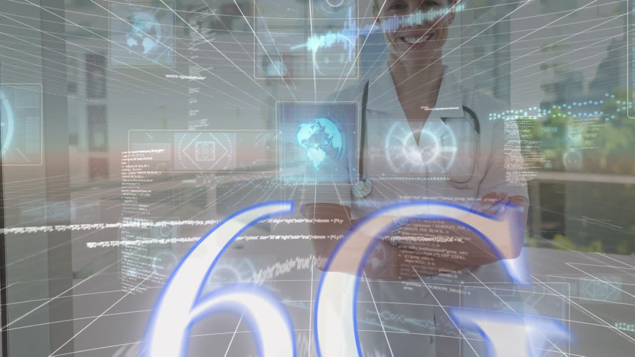 6g 텍스트 및 데이터 처리의 애니메이션: 백인 여성 의사가 병원에서 미소 짓고 있습니다.