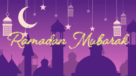 brillante ramadán mubarak saludando con mezquitas y linternas con luna y estrellas