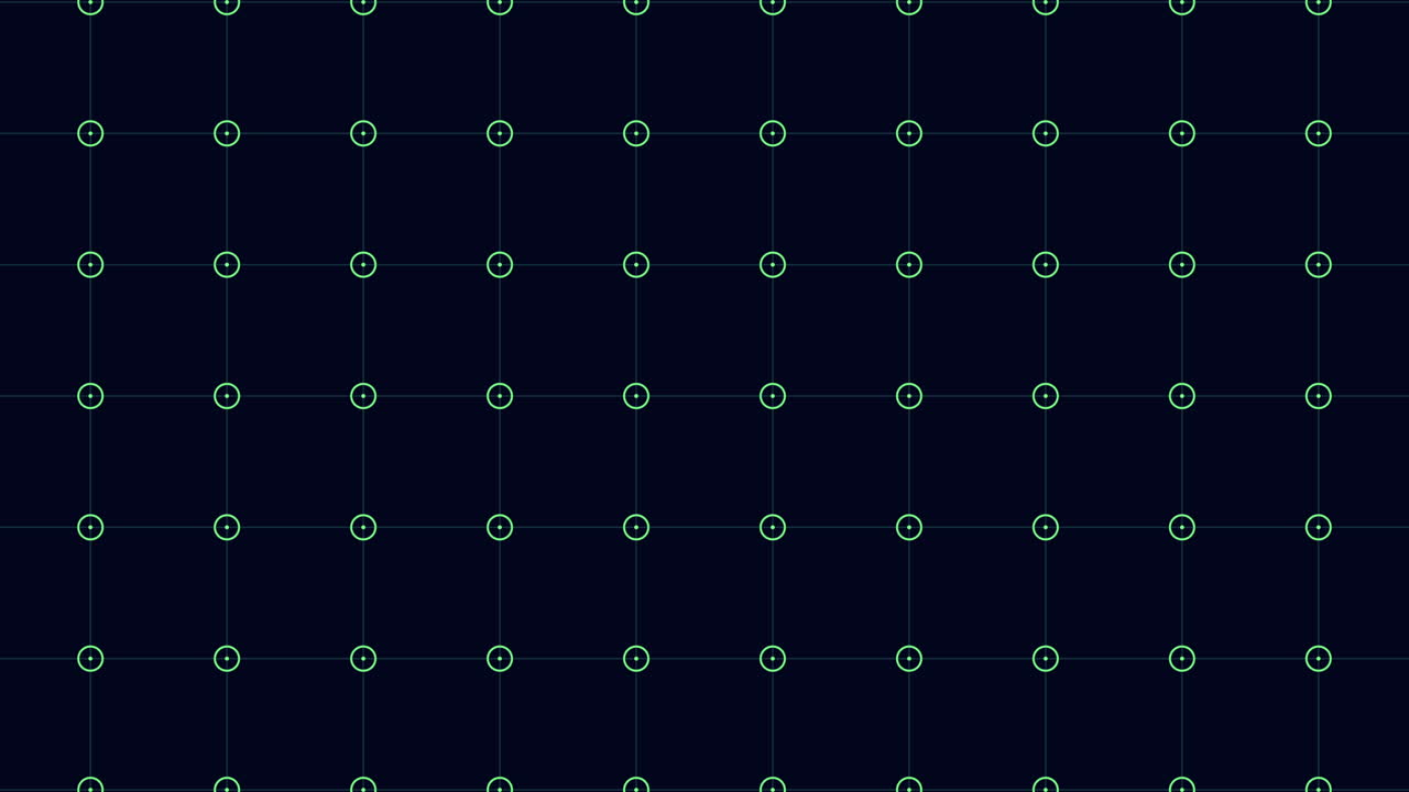Abstract technology background footage showing a dark blue grid with glowing green circular markers, ideal for UI, HUD, scanning, data visualization, and sci fi themes