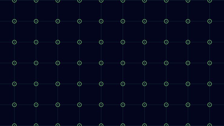 Abstract technology background footage showing a dark blue grid with glowing green circular markers, ideal for UI, HUD, scanning, data visualization, and sci fi themes