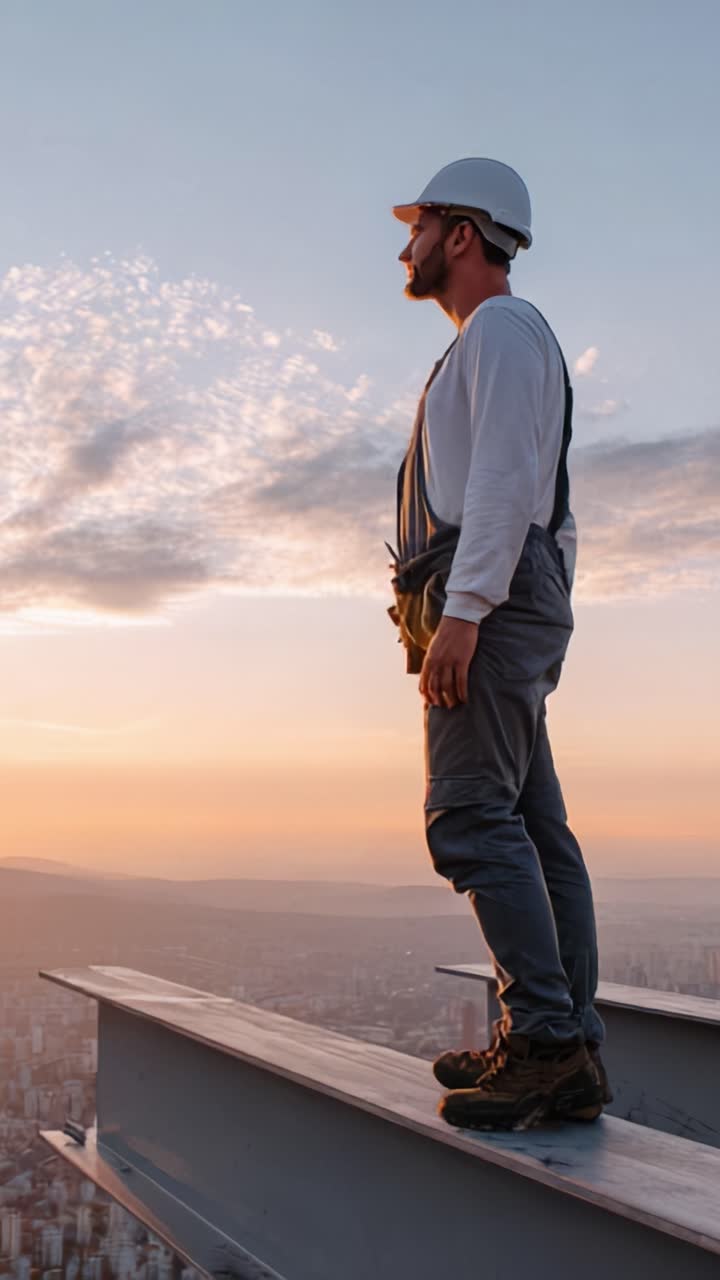 Un obrero de la construcción de pie sobre una estructura alta al atardecer, contemplando el paisaje urbano con una sensación de logro y aventura en el aire