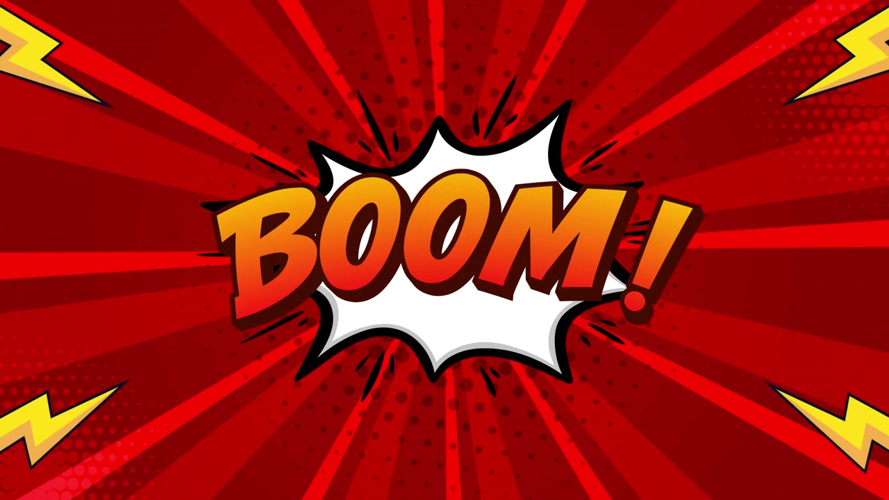 Dynamisk 'Boom'-tekstanimation på rød tegneseriebaggrund