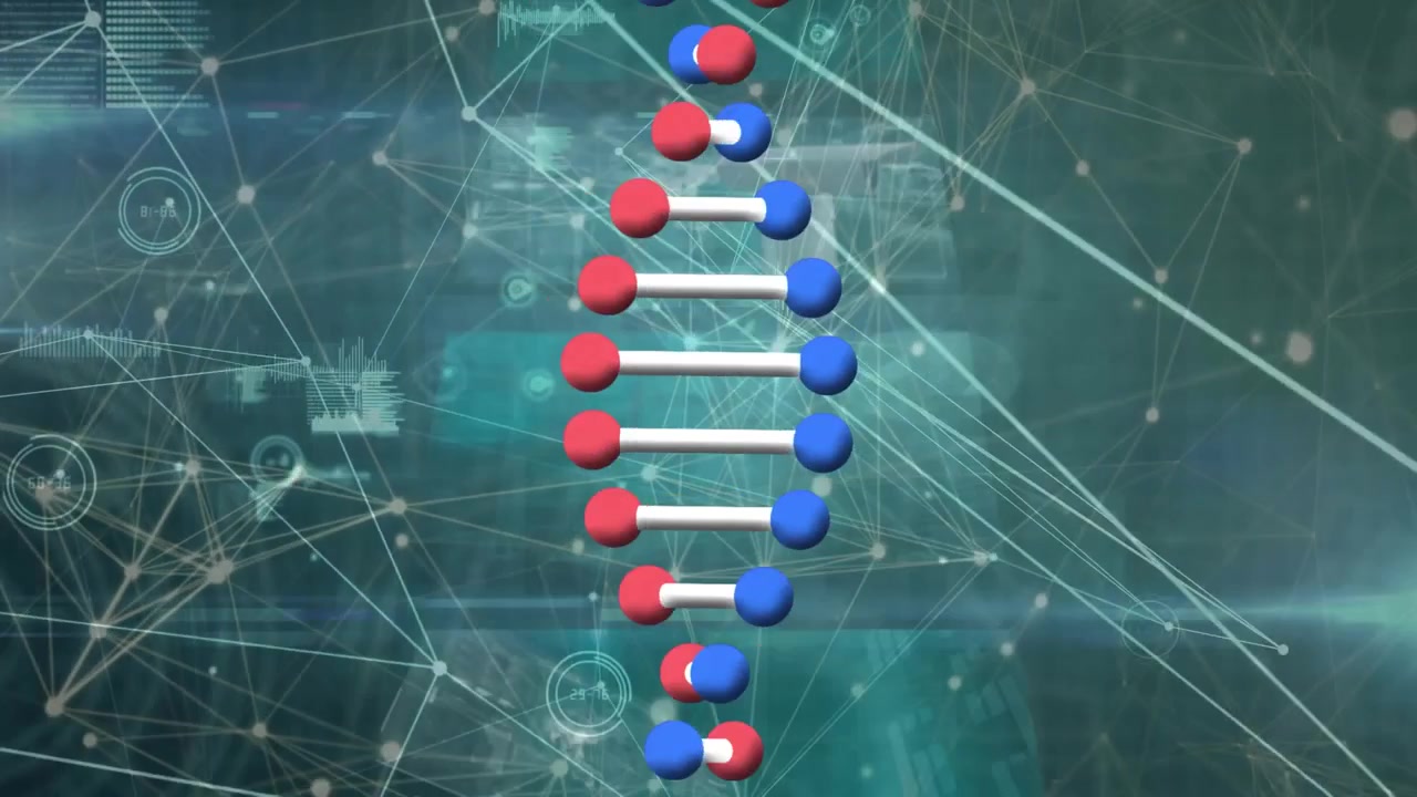 Animation of dna struture over network of connections and data processing on green background