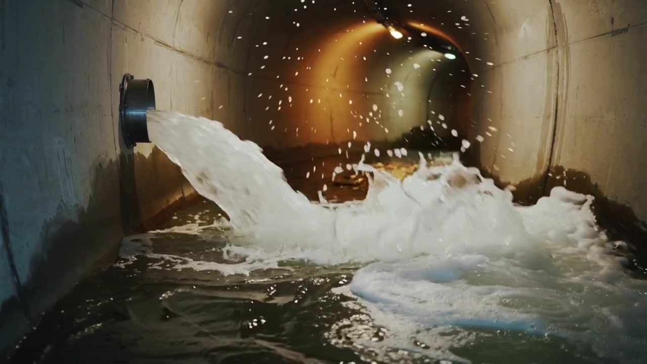 Apertura di una valvola che rilascia acqua veloce attraverso un'uscita circolare in un canale di scolo, formando schiuma per il drenaggio.