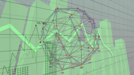 Animation-Von-Finanzdaten-Und-Netzwerkverbindungen-über-Grünen-Balken--Und-Liniendiagrammen