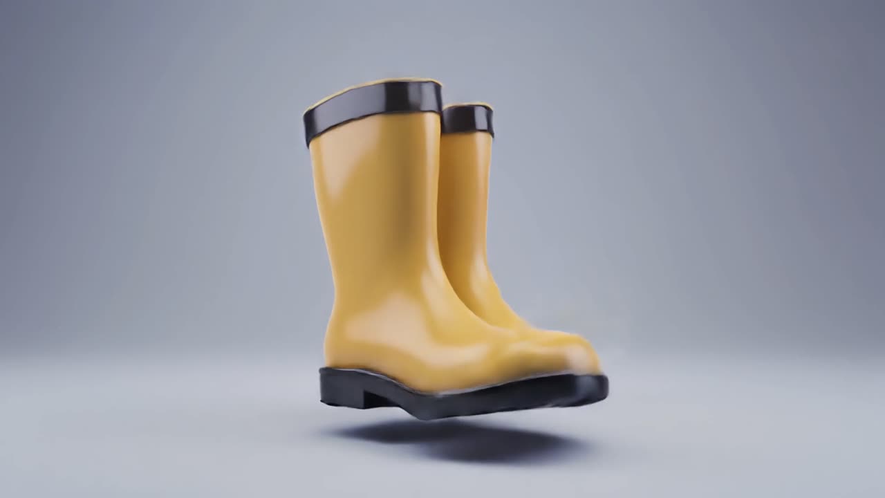 Bottes en caoutchouc jaunes tournant sur un fond gris uni