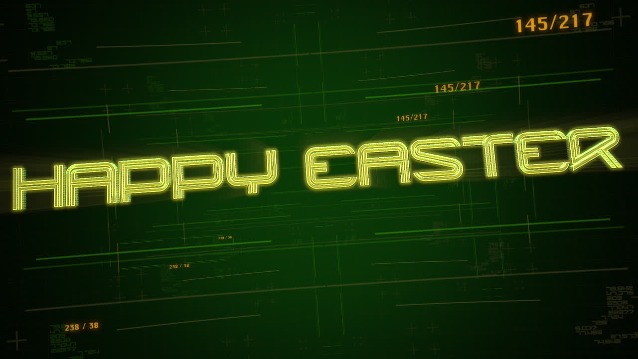 Happy Easter with cyberpunk HUD lines on digital screen