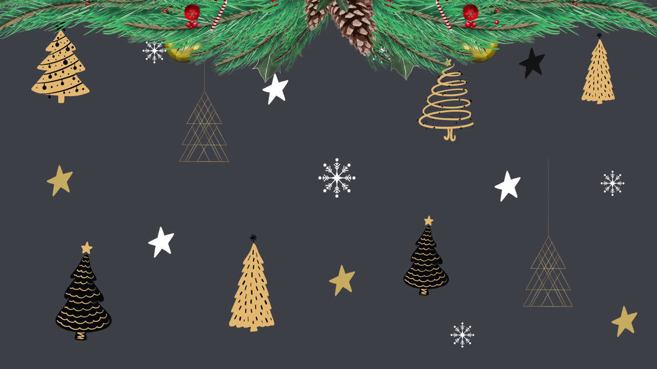 animación de abeto con decoraciones sobre árboles de navidad y estrellas sobre fondo negro