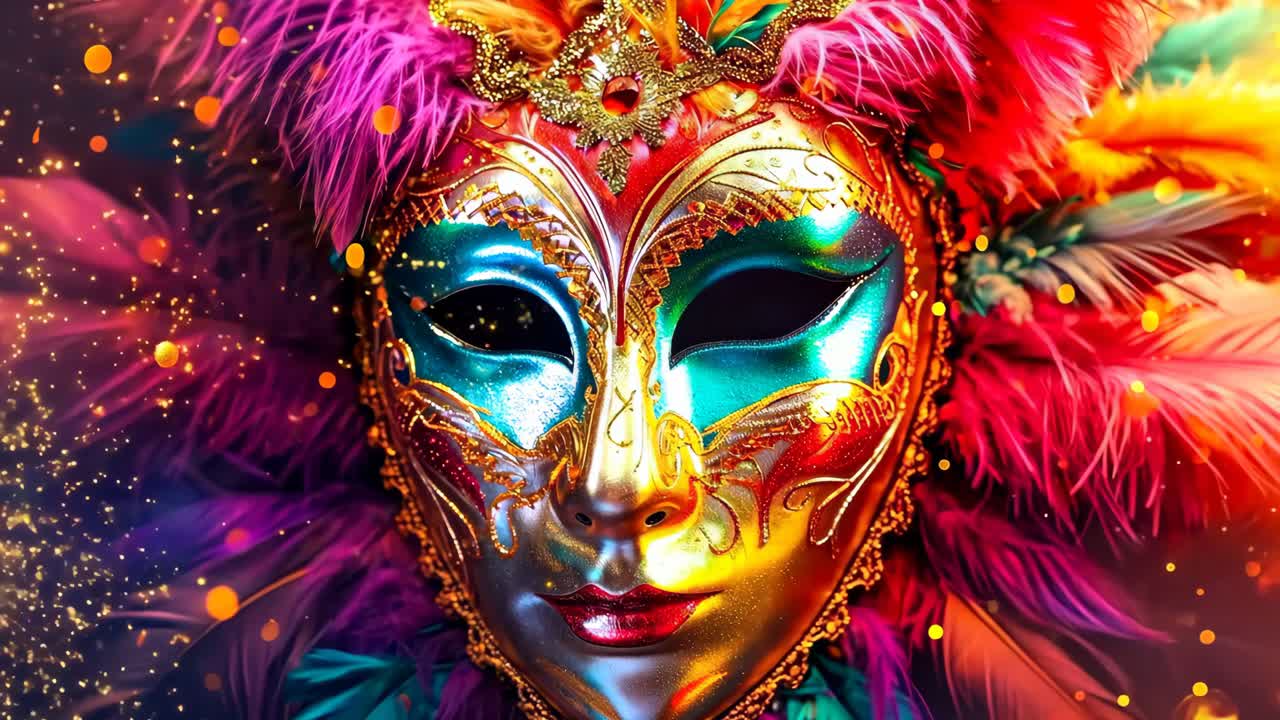 Una maschera di carnevale colorata con piume su uno sfondo colorato