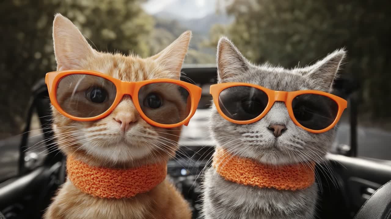 Dua Kucing Bergaya Menikmati Perjalanan Indah dengan Kacamata Hitam dan Syal di Hari yang Cerah, Membuat Perjalanan Menjadi Istimewa dan Menyenangkan