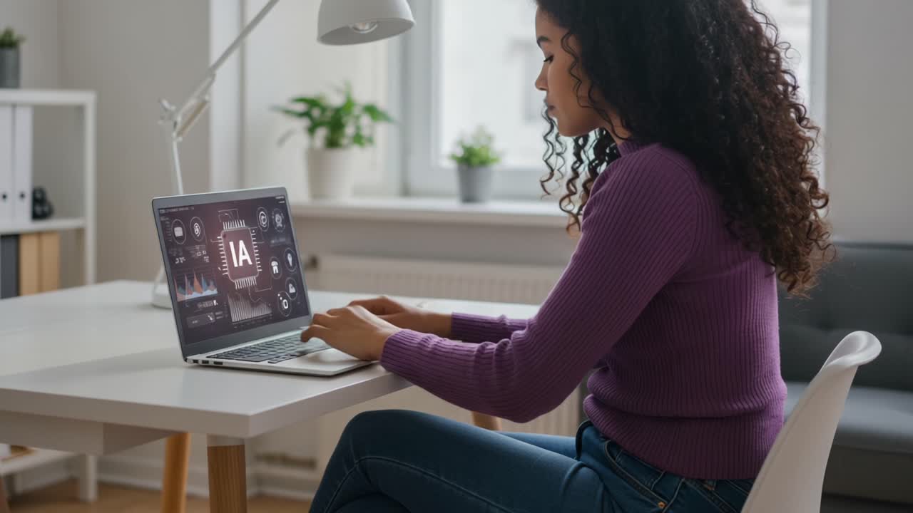 A focused young woman engaged in digital work at a stylish desk, interacting with technology and data on her laptop in a modern and well-lit workspace
