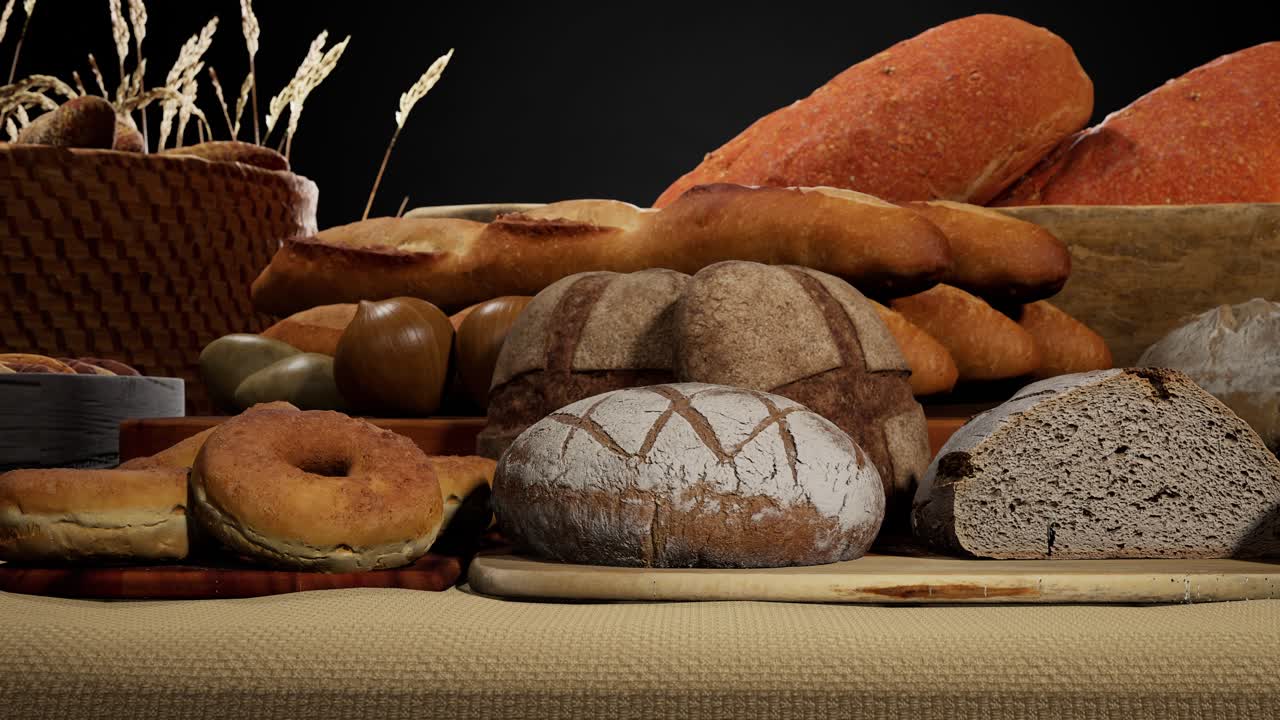 Different Types Of Fresh Bread On Table, Black Background