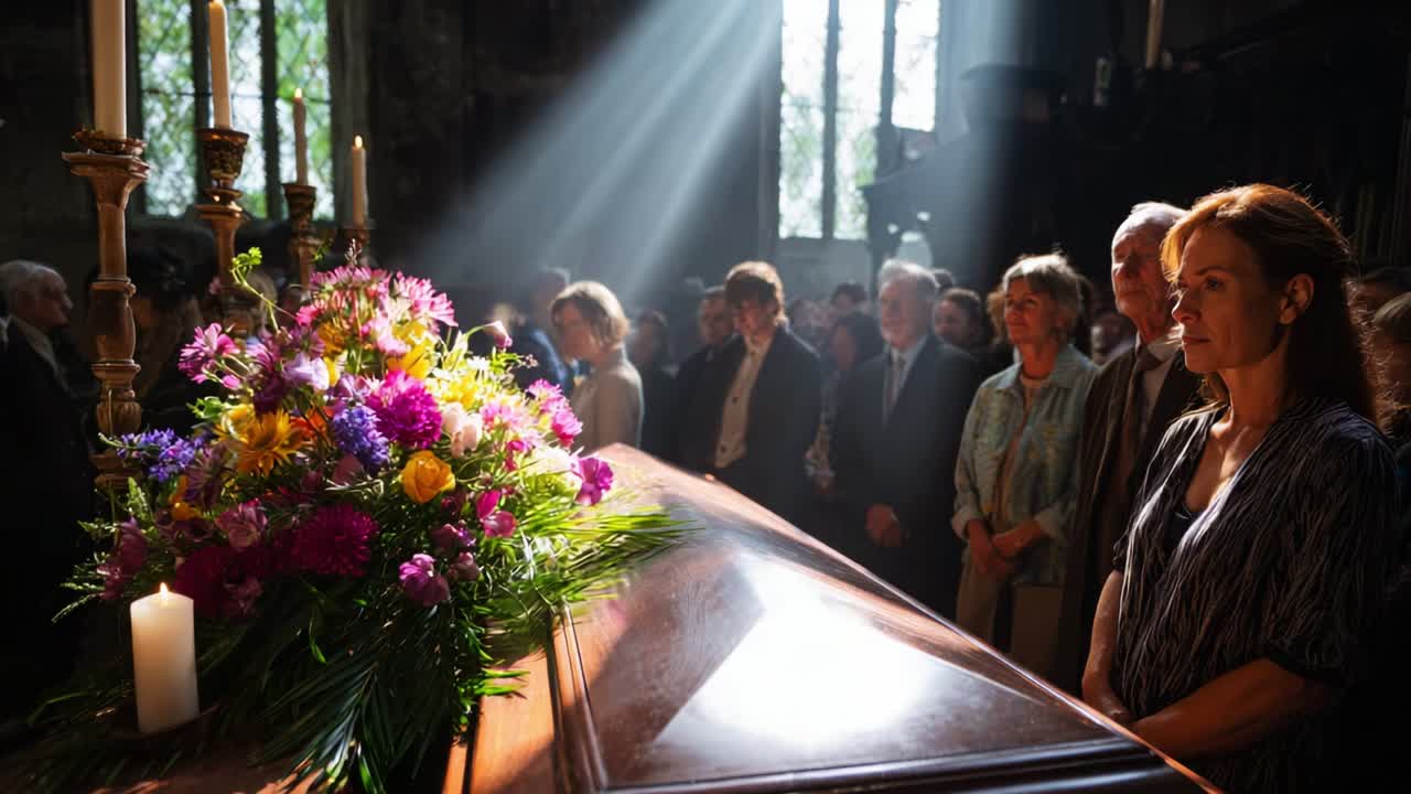 A solemn gathering in a serene setting, as mourners pay their respects at a funeral, illuminated by soft rays of light filtering through the stained glass, adorned with a vibrant floral arrangement on the polished casket