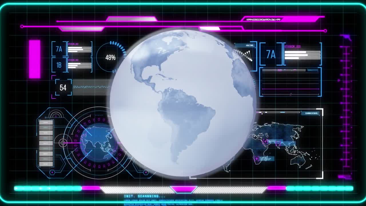 hud 인터페이스 홀로그램 디지털 데이터의 요소에 대해 회전하는 디지털 글로브의 애니메이션