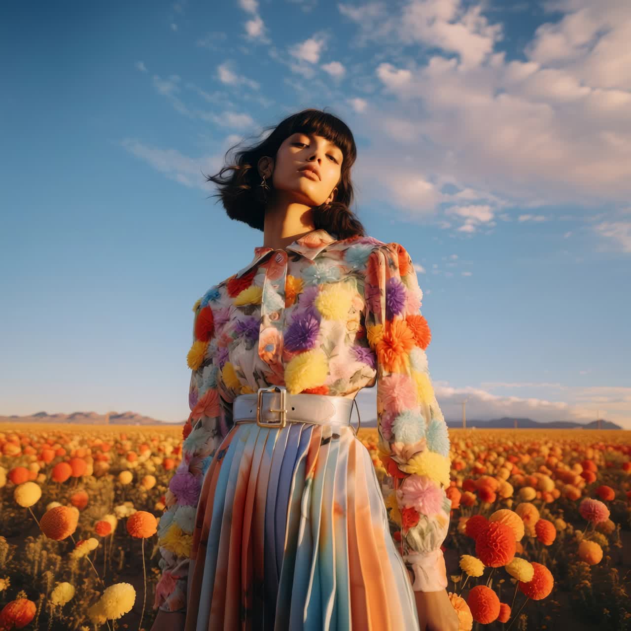Low-angle shot of a woman in a colorful dress standing in a vibrant flower field under a blue sky
