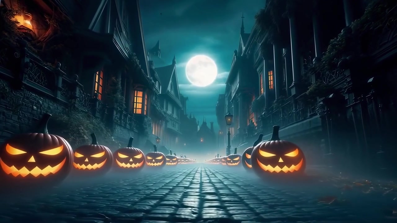 Strada di Halloween spettrale fiancheggiata da zucche intagliate luminose di notte