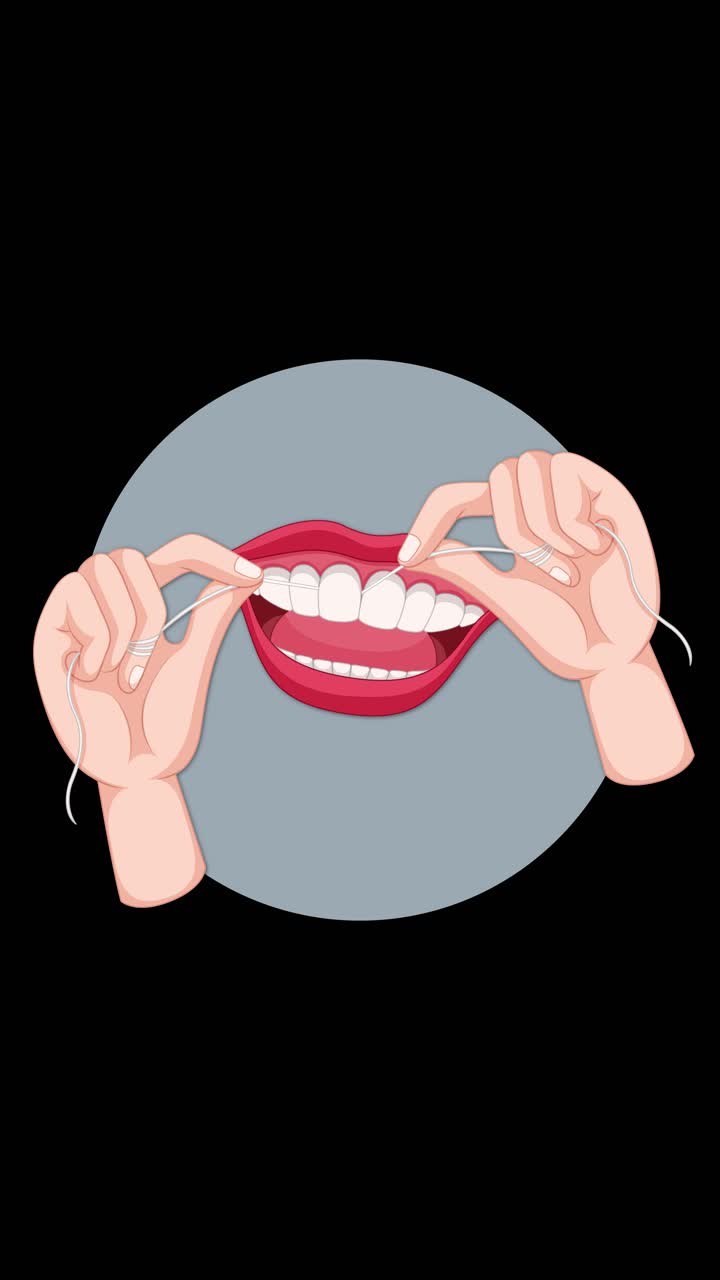 Vector animation shows hands using dental floss between upper teeth, with smooth repetitive motion, isolated on a black background and neutral circle backdrop