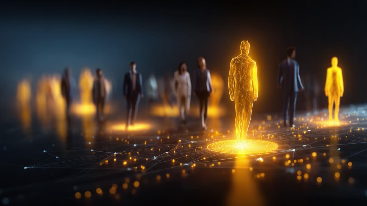 A captivating visualization of interconnected figures, with a glowing central silhouette symbolizing individuality within a digital network of professionals