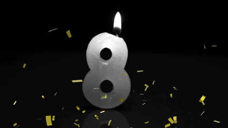 number 8 candle with flame and falling confetti  animation in celebration scene