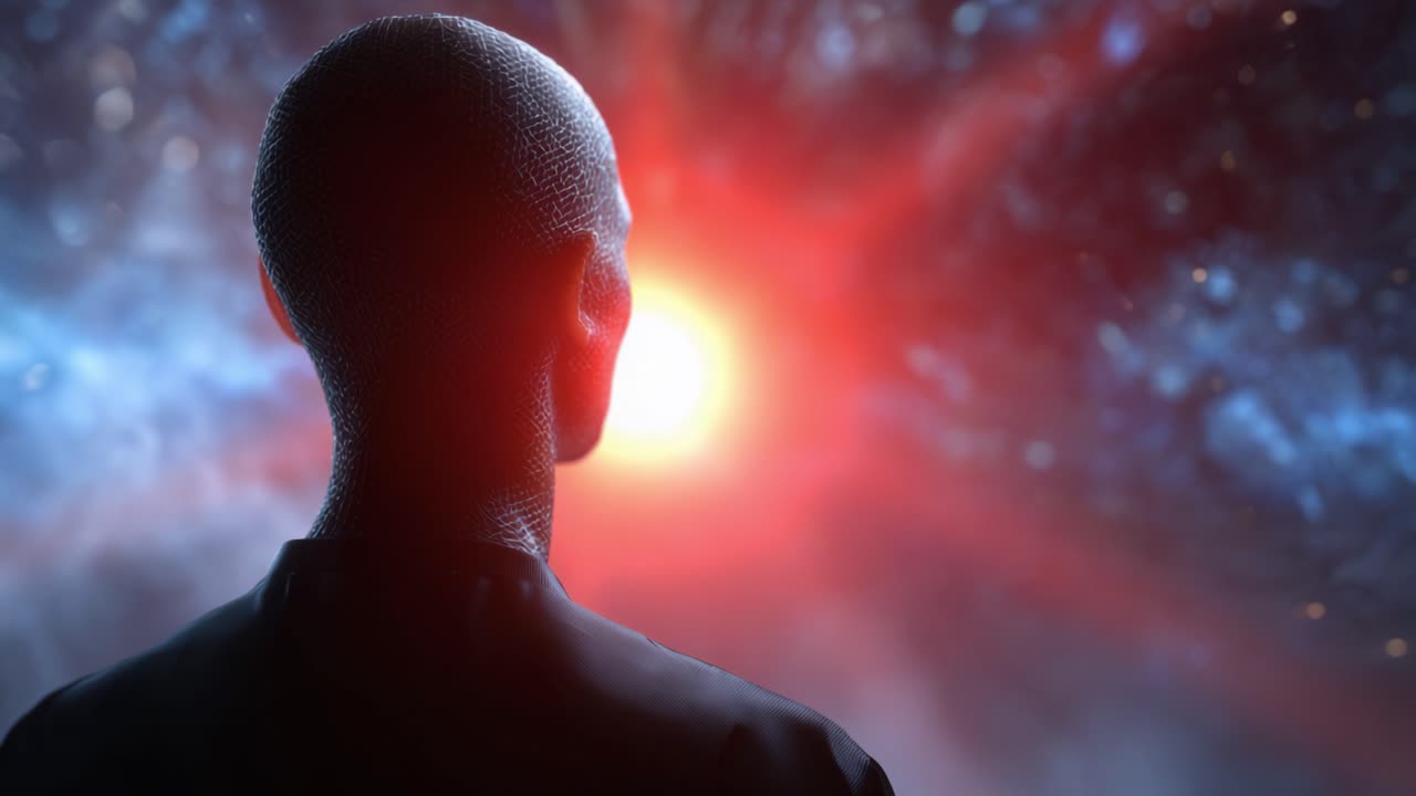 A humanoid figure gazes into a cosmic landscape, illuminated by brilliant bursts of light and vibrant colors, evoking a sense of awe and wonder in the universe