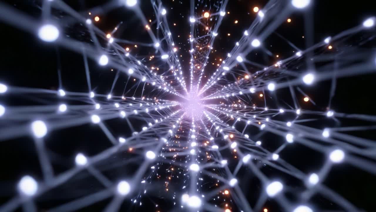 An Abstract Visual Journey Through a Hypnotic Tunnel of Light and Energy, Featuring a Stunning Display of Interconnecting Lines and Sparkling Particles Radiating from a Vibrant Center Source